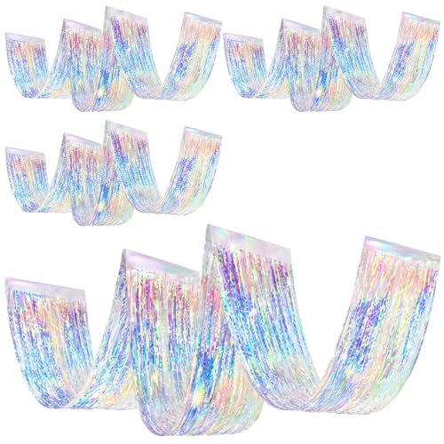Breling 4 Pcs Iridescent Ceiling Fringe Curtains, Foil Drapes, 15 ft