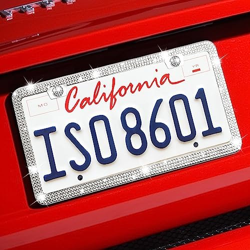Bling License Plate Frames, Sparkly License Plate Frame with Over 1000pcs Bedazzled Clear Glass Diamond, Stainless Steel Rhinestone Crystals License Plate Frame for Women & Men (Sliver White)