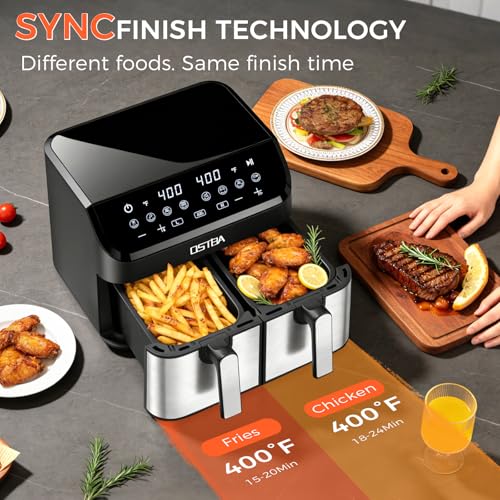 Image of OSTBA 9.5QT Double Air Fryer, 1700W Dual Air Fryer with 2 Independent 4.25QT Stainless Steel Baskets, Digital Touchscreen, Sync Finish, 8 Presets, Auto Shutoff, Nonstick Dishwasher Safe