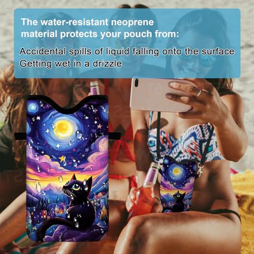 Image of Neoprene Cell Phone Sleeve Pouch Case Bag with Crossbody Strap Neck Lanyard for Women 7.1 X 3.9 in Sky Cat