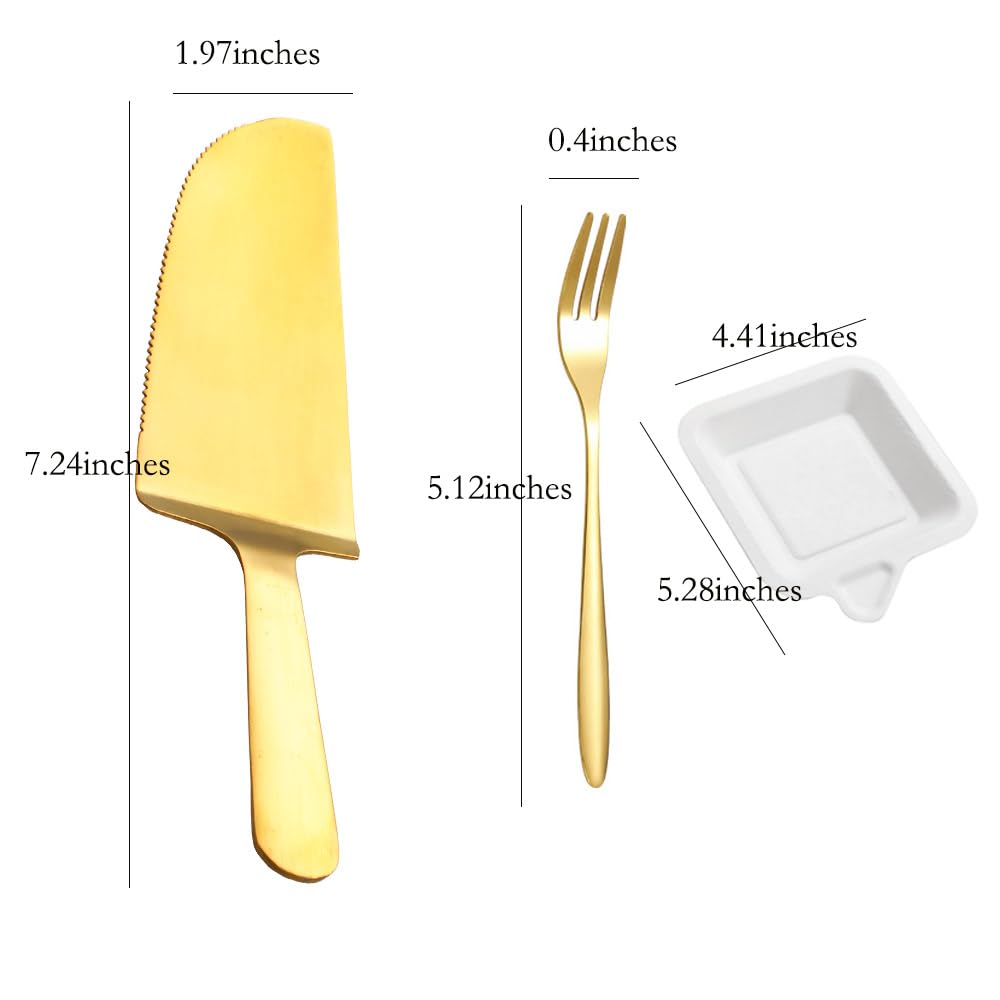 Gold Birthday Cake Server Set, Stainless Steel Cake Cutting Set For Wedding Include Cake Cutter and Mini Forks and Paper Plates For Wedding, Birthday, Parties and Events