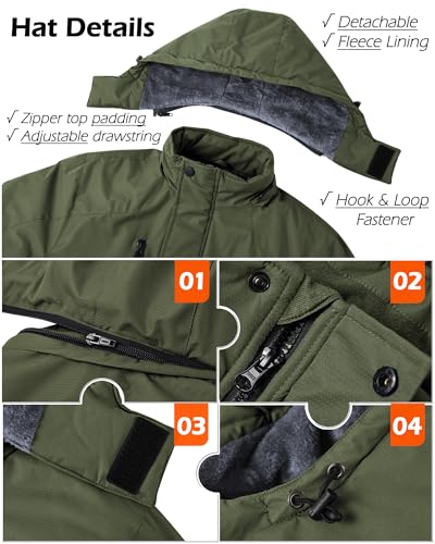 Tansozer Winterjacke Herren Warm Wasserabweisende Regenjacke Gefüttert Wanderjacke Atmungsaktiv Winddicht Ski Jacke Winter, Armeegrün, L