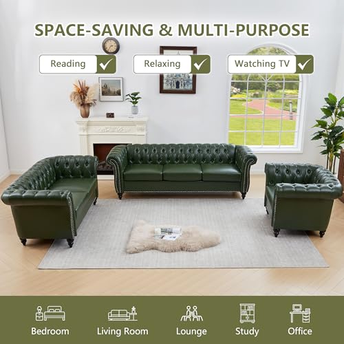 Image of QHITTY 3 Piece Living Room Set, Sectional Chesterfield Sofa Chair Contemporary Upholstered Artificial Leather Loveseat Couch Sets for Living Room, Bedroom, Office (Green)