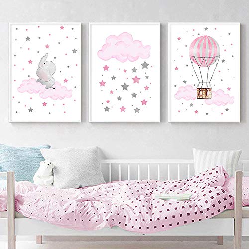 Nordic Ideas Lot de 3 Posters 30 x 40 Affiches Deco Chambre Fille Rose étoile Ballon Nuage Elephant Tableaux DIN A3 sans Cadre