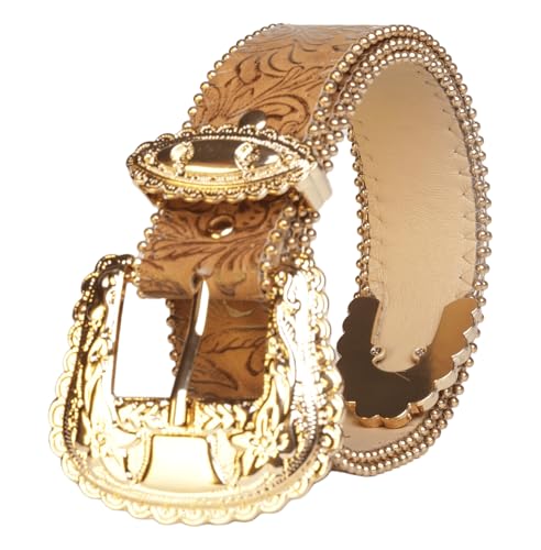 Women Western Gold Buckle Cowgirl Belt Flower Pattern Leather Waist Belt for Jeans Pants2