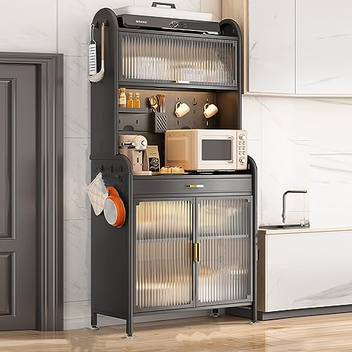 Bakers Rack con cajones, armario de almacenamiento de cocina de metal, barra de café grande con diseño de puerta abatible transparente y 4 ganchos