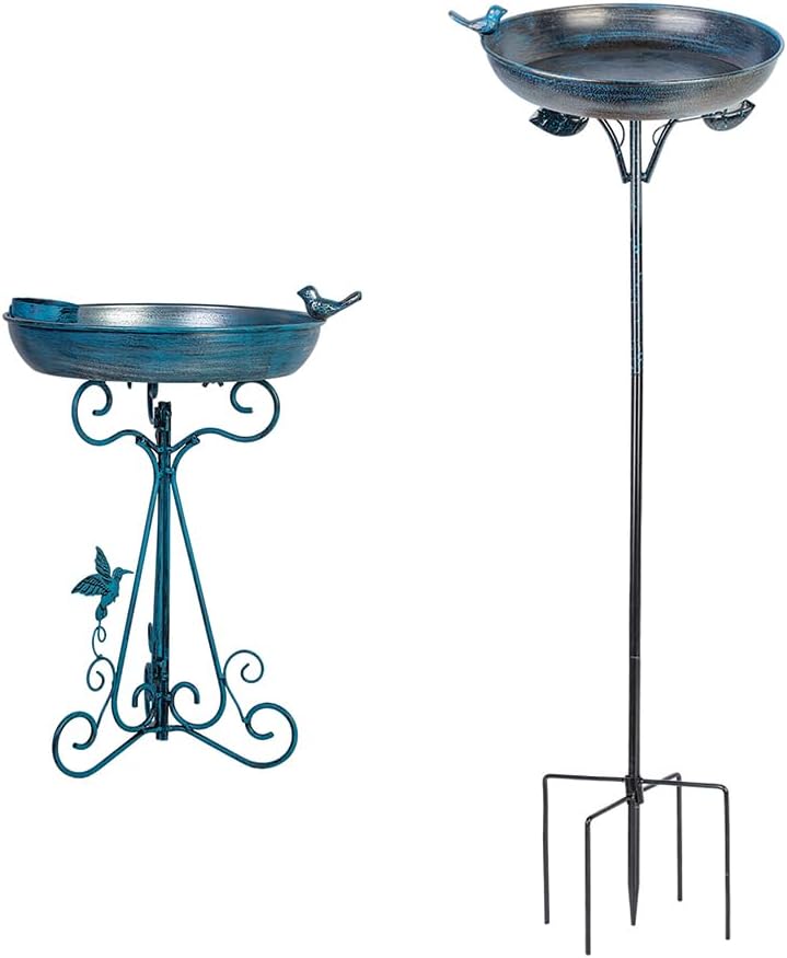 DREAMSOUL 12 inch Blue Bird Bath with Stand for Outdoors + Outdoor Metal Garden Bird Bath, for Patio Lawn Garden Decor