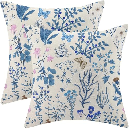 Image of AEIOAE Summer Pillow Covers 22x22 Inch Set of 2,Blue Wild Flower Plant Throw Pillows Case,Seasonal Floral Outdoor Decorative Square Linen Farmhouse Decor Cushion Covers for Home Sofa Bed Couch
