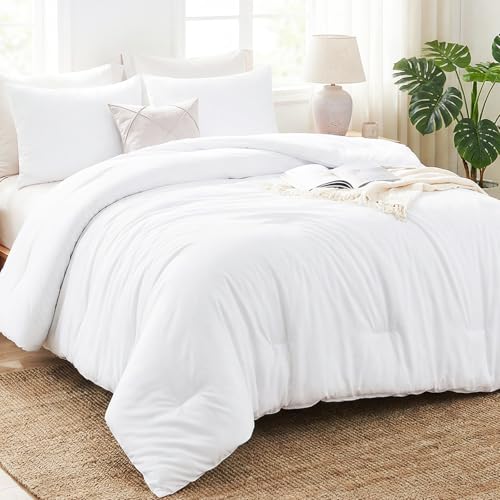 CozyLux Oversized King Comforter Set White 3 Pieces 120x98 Lightweight Down Alternative Quilted Bedding Sets All Season Soft Breathable Solid Comforter with 2 Pillowcases Soft Bed Set for Home