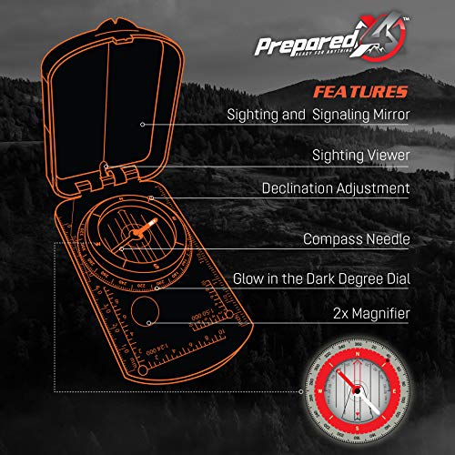 PREPARED4X-Hiking-Compass-Survival--Mirror-Sighting-Map-Orienteering-Compass--with-35-Ft-550-Survival-Paracord-Lanyard-Fire-Starter-Whistle-Fishing-Line-Tinder-Cord