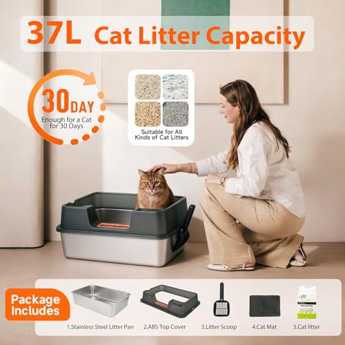 Arenero para gatos grande de acero inoxidable Pawise con tapa miniatura 7