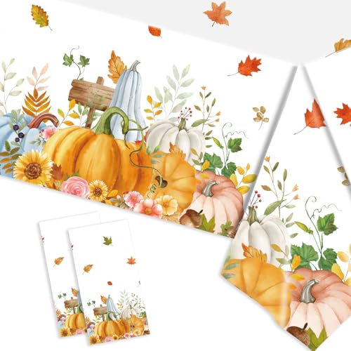 Xjoviative 2 Pcs Fall Thanksgiving Tablecloth Disposable 54x108 Inch Pumpkin Maple Leaf Wreath Plastic Table Cloth Rectangle Table Cover for Autumn Theme Thanksgiving Day Party Decoration (Fall)