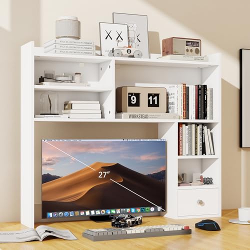 ELECWISH Desktop Bookshelf, Desk Hutch with Drawer for Computer Desk, 35.04" 6-Tier Adjustable Desktop Shelf Organizer for Home Office, White