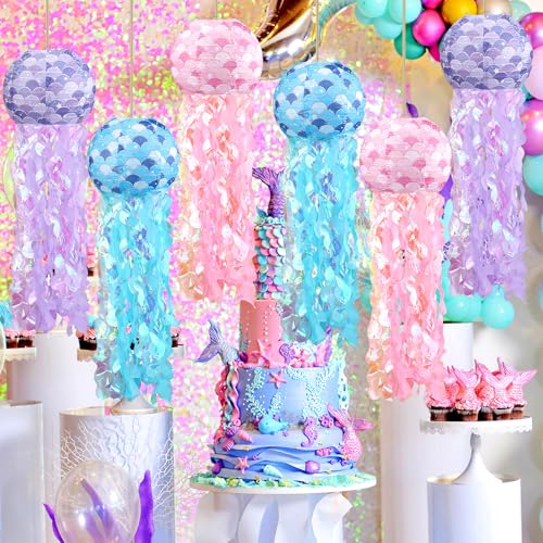 Image of 6pcs Jellyfish Paper Lanterns Blue Pink Purple Under The Sea Party Decorations for Mermaid Ocean Themed Birthday Party Decorations Baby Shower Classroom Decor