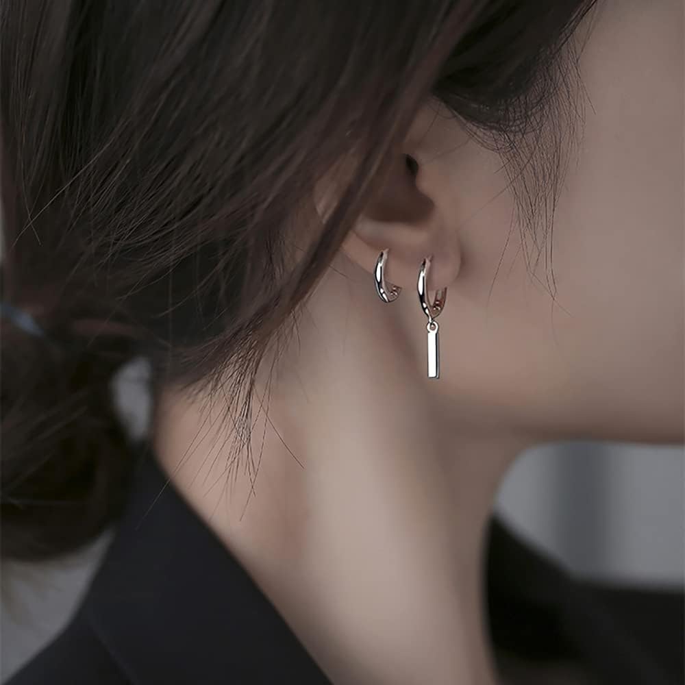 Reffeer Solid 925 Sterling Silver Bar Drop Hoop Earrings for Women Teen Girls Minimalist Bar Hoop Earrings Huggie
