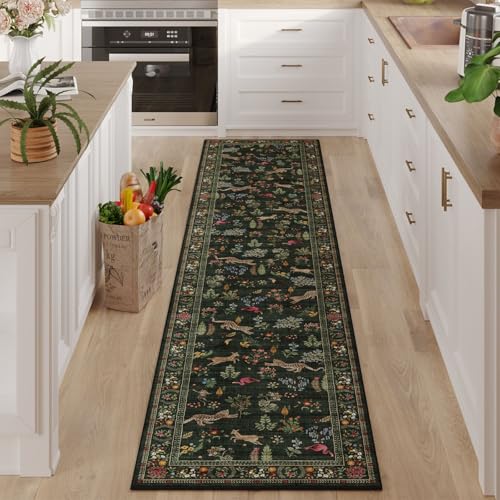 Runner Rug for Kitchen Rug Non Slip 2'6''x8' Washable Rugs with Rubber Backing Soft Floral Animal Carpet Runner for Kitchen, Laundry, Bedroom, Bathroom (Green)