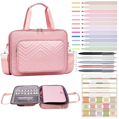 Xihan Waterproof Quilted Bible Cover with Leather Handle, Bible Study Supplies Includes 5 Black Pens, 12 Highlighters, 72 Tabs,Christian Gifts for Women(Pink)