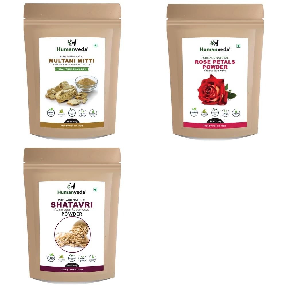 Pure Multani Mitti Fuller's Earth, Rose Petal Powder and Shatavari Powder Combo Pack for Comprehensive Hair Care and Radiant Glowing Skin Rejuvenation 100% Natural Organic Herbal Fine Powder Face M-image-43