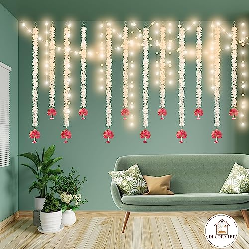 DECOR VIBE Pooja Room Decoration Item-Mandir Decoration Item, Long Length Off-White Flower- Lotus Hangings, Used as Door Hanging for Home Decoration, Diwali Decoration Items (Set of 5Pcs)