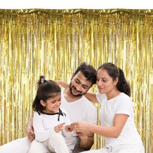 Image of 3 ft X 6 ft Metallic Gold Foil Curtain for Birthday Decorations /Anniversary (2 pc Gold Metallic Foil Fringe Curtain)