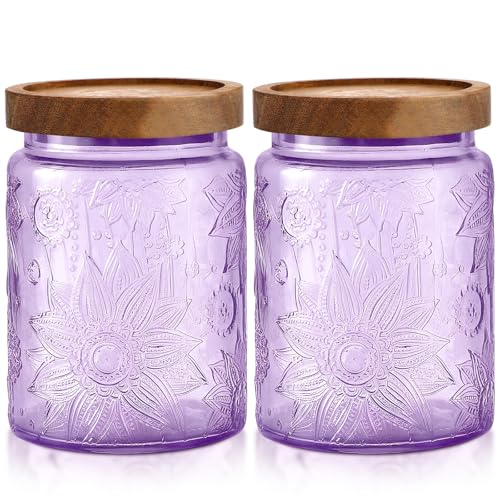 LemonRoad 2 Pcs Decorative Embossed Purple Glass Jars 23.7 oz with Wood Lid