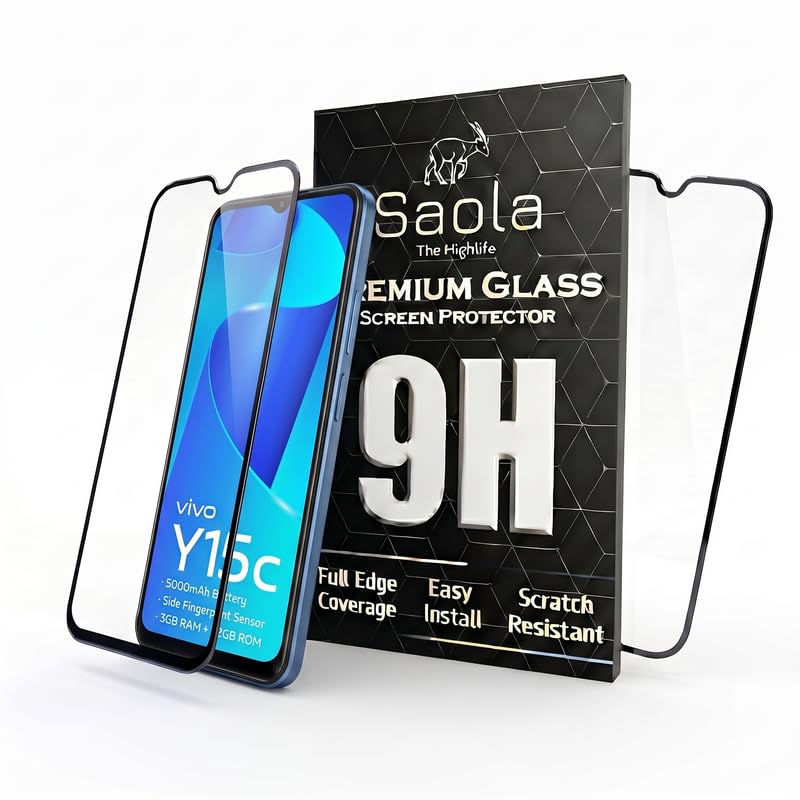 Image of Saola HD+ Oleophobic Tempered Glass Screen Protector For Vivo Y15C (Pack Of 2) with Free Installation Kit. Full screen Coverage - 6.35 inch