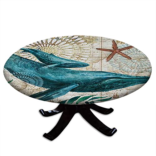 Mantel redondo con borde elástico, animales marinos, mapa azul náutico de la vida costera navegando en el mar, diseño de ballenas, adecuado para mesas de comedor, fiestas de autoservicio y camping,
