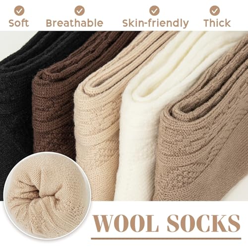 Image of 5 Pairs Wool Socks for Women, Winter Warm Cute Cat Crew Socks