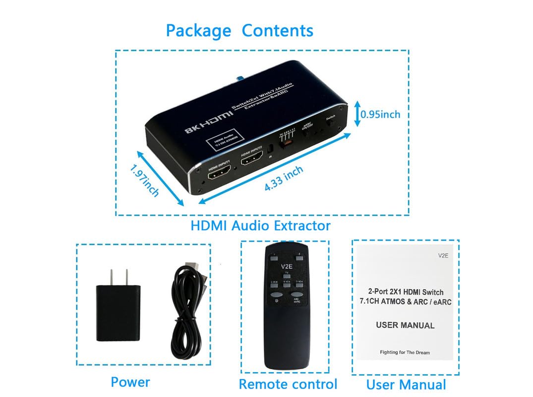 HDMI EARC/ARC Audio Extractor 4K @ 120, commutatore 2 in 1 Out, a Ottico+coassiale+convertitore audio da 3,5 mm, supporto TV/2.0/5.1/7.1 modalità selezionare, HDMI 2.1, HDR, HDCP2.3