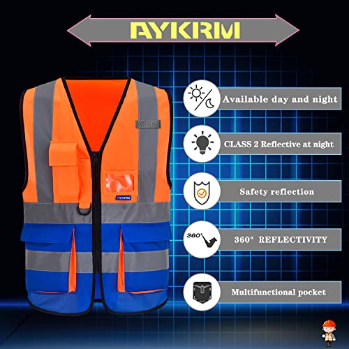 Image of Orange Blue XSMALL High Visibility REFLECTIVE WORK Safety Vest with zipper Reflective Strips 7 Pockets