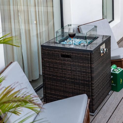 24" Propane Gas Fire Pit Table, 50000 BTU Square Fire Pit, Tile Tabletop with Beautiful Wicker Base for Outside Patio Deck Garden Courtyard-Espresso