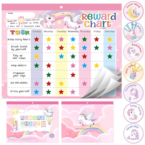 Magnetic Reward Chart for Kids at Home Behavior Chart Pad with 26 Chore Charts 1680 Star Stickers 84 Motivational Stickers to Motivate Responsibility & Good Habits (Unicorn)