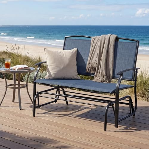 Image of Giantex Outdoor Glider Bench, Patio Glider Bench for Outside, Steel Frame, 400 Lbs Capacity, Ergonomic Swing Rocking Chair Loveseat, 2-Person Porch Swing Rocker for Backyard, Lawn, Balcony, Dark Blue