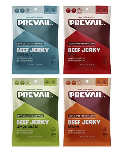 Grass Fed Beef Jerky Variety Pack, By Prevail - Low Sodium And Gluten Free! | Umami, Spicy, Lemongrass, And Original - Pack Of (4) Bags | | Our Gourmet Jerky Is Paleo Certified, Soy Free, Preservative Free, And Contains No Gmo's! #TOP30
