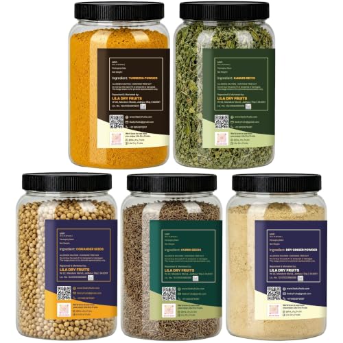 Image of LILA DRY FRUITS Indian Sabzi Spices Masala Combo | Haldi, Dhania, Jeera, Kasuri Methi & Sonth 100 Gms Each