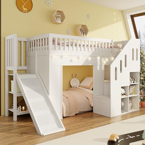LAKFEW Litera de 90x200 cm con Luces LED y Escalera Almacenaje para Esquina, Cama Infantil con Tobogán y Estante, Literas Infantiles Cama Alta con Protección Anticaída, Blanco, Sin Colchón