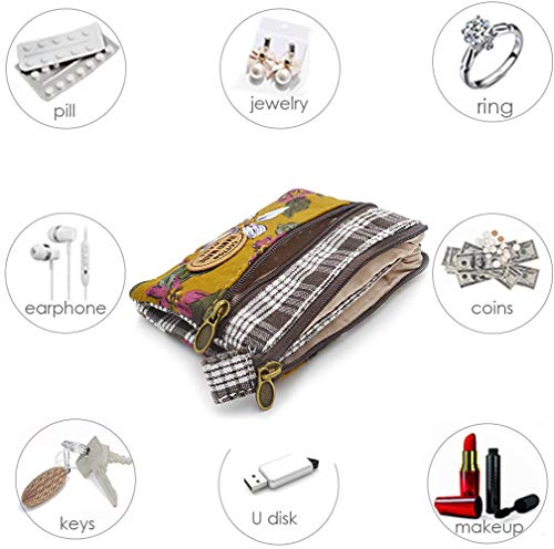 Women Small Zipper Coin Purse - Handmade Fabric Flower Embroidered Change Pouch - Cotton Double Zipper Wallet #TOP2