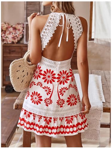 Image of Floerns Women's Contrast Lace Sleeveless Halter Dress Backless Vacation A Line Dress