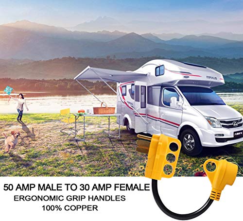 iMounTEK Heavy Duty RV Camper Electrical Dogbone Converter. Ergonomic Grip Handles, 180 Degree Bend Design 50 AMP Male To 30 AMP Female Adapter Converter Cord Cable 12 INCH W/Handle Connector
