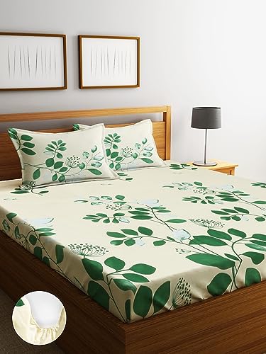 Image of Home Sizzler 144TC Nature Embrace Lush Green Elastic Fitted Double Bedsheet with 2 King Size Pillow Covers, Fit for Mattress: 72 inchX75 inch & 72 inchX78 inch