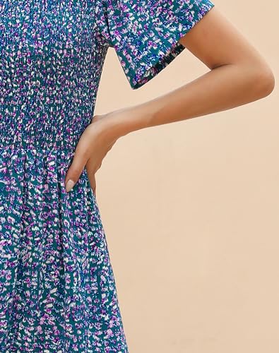 Image of Kranda Women 2025 Summer Fall Crewneck Short Sleeve Smocked Floral Maxi Dress