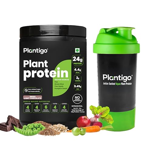 Image of Plantigo Clean Plant Protein Powder | No Preservatives, No Banned Substances | Super Protein Blend- Pea, Brown Rice,Flax & Pumpkin| Protein For Men, Women (Swiss Chocolate - 1Kg + Shaker 600ml)