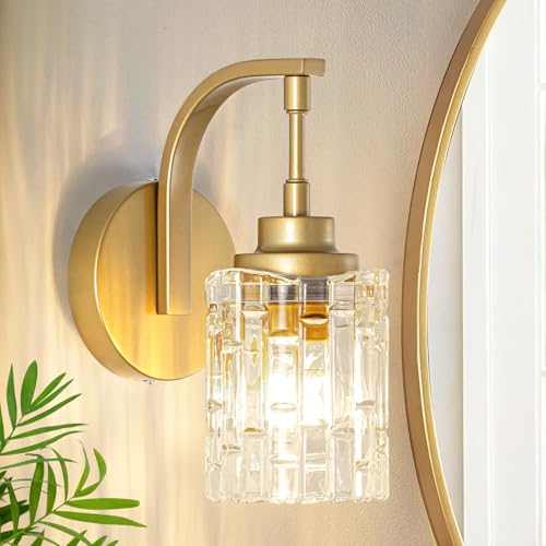 Image of Gold Bathroom Wall Sconce Light,1-Light Vintage Brass Sconces | Clear Glass Shade, Hardwired, E26 Base, Easy to Install, Wall Mount Lighting for Mirror Bedroom Hallway Kitchen