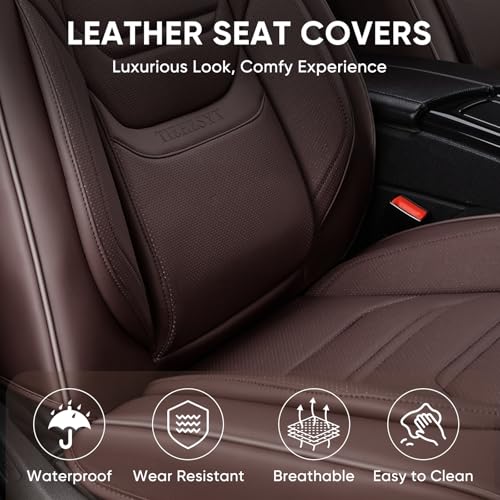 Image of TIEHESYT Coffee Car Seat Covers Full Set, Breathable Leather Automotive Front and Rear Seat Covers with Headrest, Car Seat Protectors Full Set, Compatible with Most Vehicles, SUV