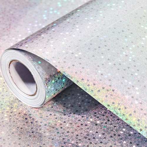 Silver Holographic Wrapping Paper Roll 43cm x 10m Silver Metallic Gift Wrapping Paper Shiny Stars Gift Wrap for Birthday Party Wedding Baby Shower Holiday Christmas