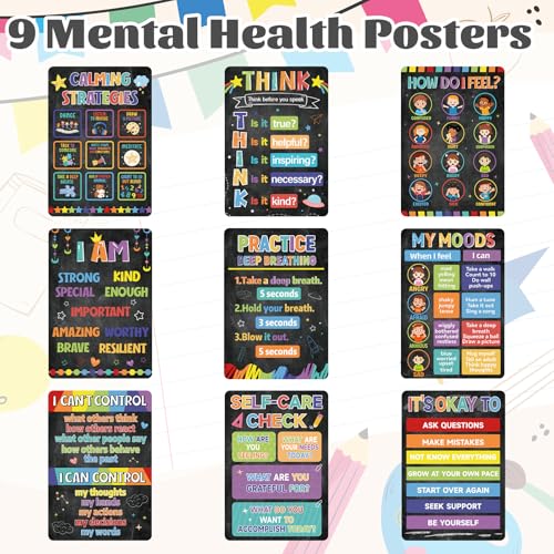 Image of 9Pcs Calming Corner Posters, 13.4 inchx9.2 inch Colorful Calm Down Corner Poster for Classroom Bulletin Boards, Educational Behavior Charts for Elementary Middle Back to School Wall Decorations Teacher Must Haves