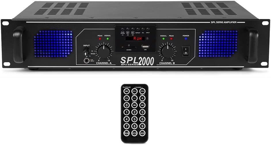Skytec SPL-2000 Stereo Power Amplifier - 2000W PA & DJ Amp with FM Radio, USB MP3 Player, SD Slot, RCA Inputs, LED Display, Home Hi-Fi & Bar Installation, 19 Inch 2U Rack Mountable, Black