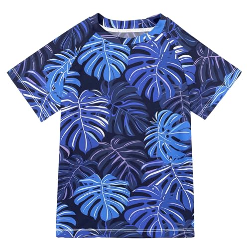 ALAZA Kids Rash Guard Toddler Swim Shirt Boy Girls Monstera Leaf Blue UPF 50+ Short Sleeve 4T