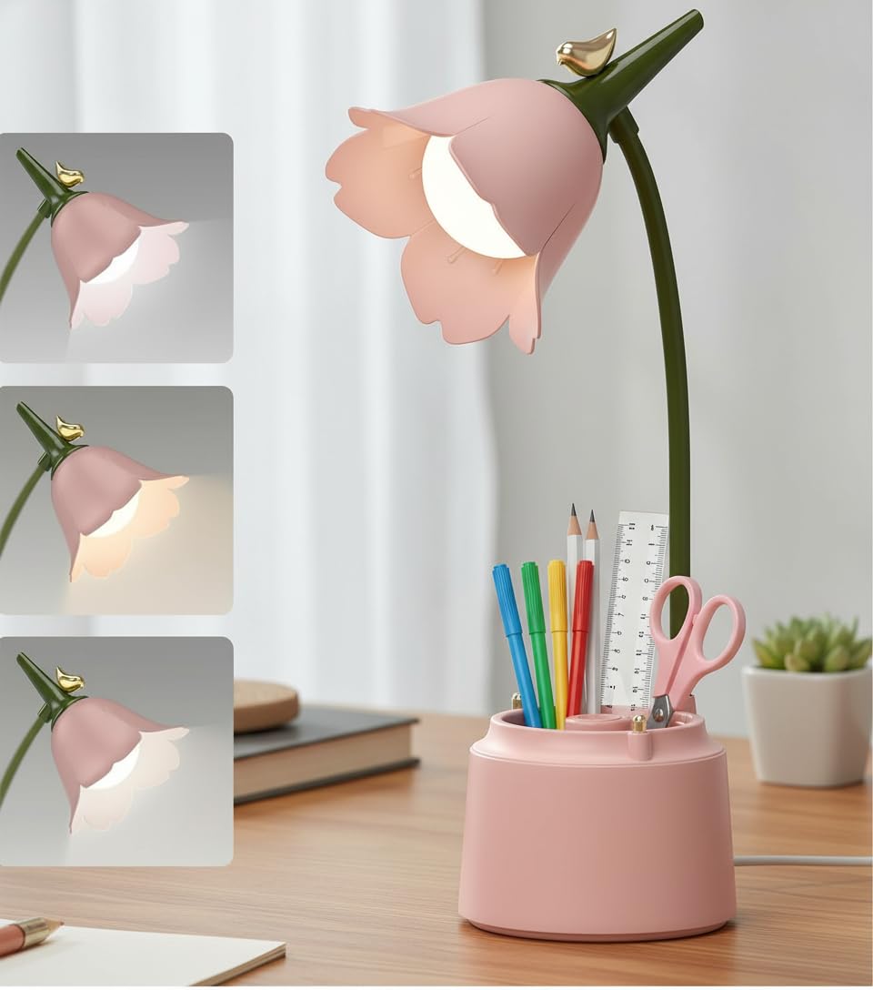 Lampe de Table D'étude Rechargeable Protection des Yeux, Tactile Lampe de Bureau à LED Portable avec Porte-stylo pour Enfants, Lampe de Chevet LED, Lampe de Lecture Dimmable,3 Modes de Couleur (Rose)