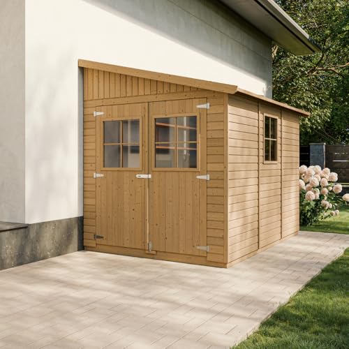 Holz Gartenschuppen (ohne Seitenwand) - Abstellkammer mit Fenstern - H244x211x318 cm/6 m2 Naturholz-Shiplap-Schuppen - Gartenwerkstatt - Fahrrad- Geräteschuppen TIMBELA M339